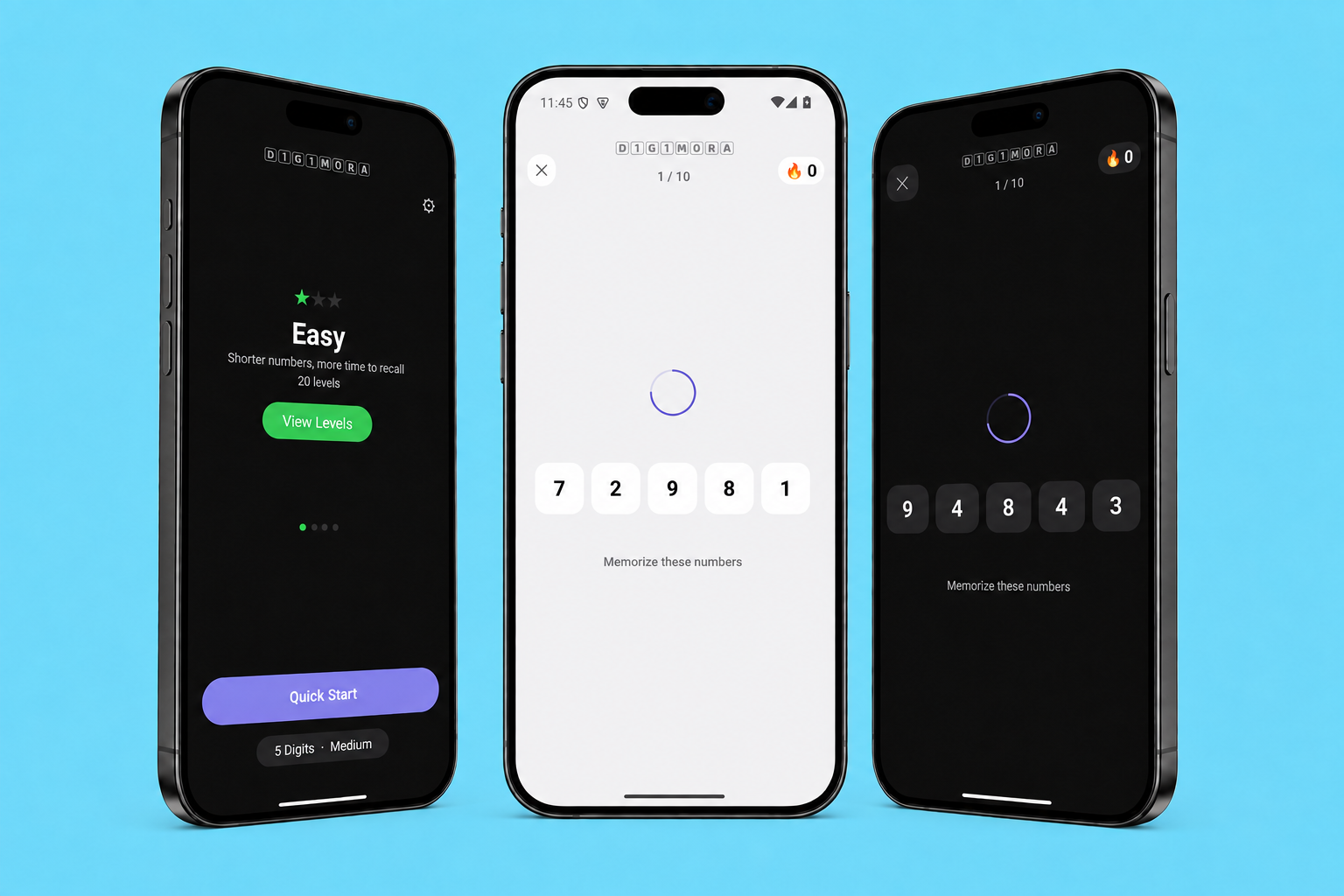 Three phone mockups showing Digimora's home screen and active number-memory rounds in light and dark modes